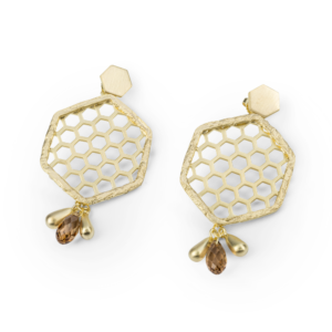BEE MINE HEXAGON HIVE WITH STONE EARRINGS 18K GOLD VERMEIL