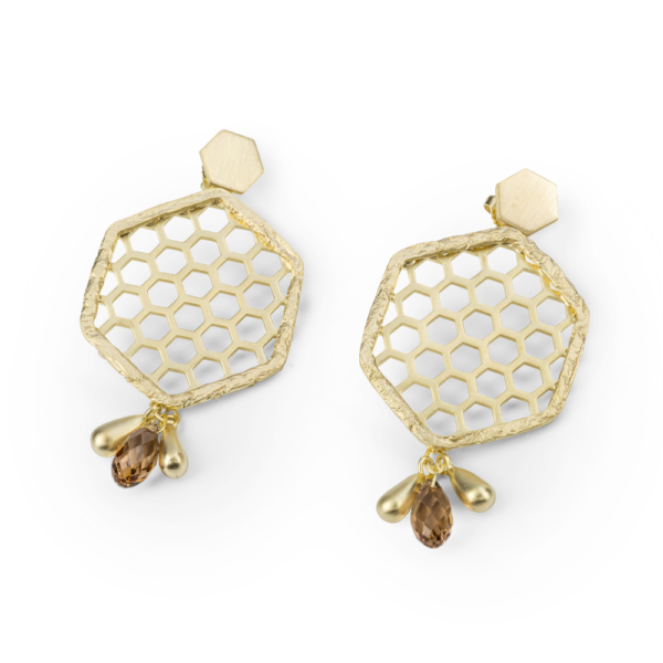 BEE MINE HEXAGON HIVE WITH STONE EARRINGS 18K GOLD VERMEIL