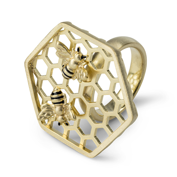 Bee Mine LARGE HEXAGON WITH BEE RING 18K GOLD VERMEIL